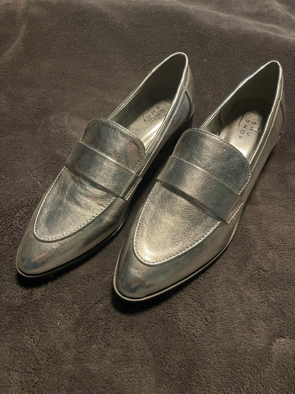 Shu Shop Metallic Silver Penny Loafers